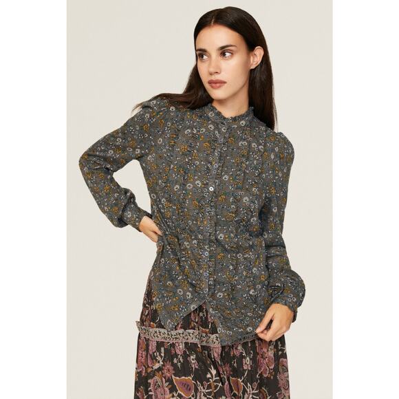 Boden Ruffle Jersey Gray Floral Print Long Sleeve Modest Blouse Size 4 - Picture 1 of 14